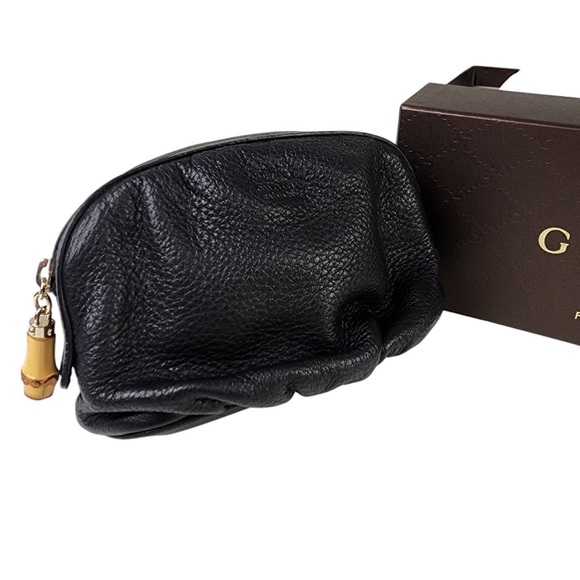 Gucci Vintage Black Leather Pouch with Bamboo Zipper Pull - Picture 1 of 10